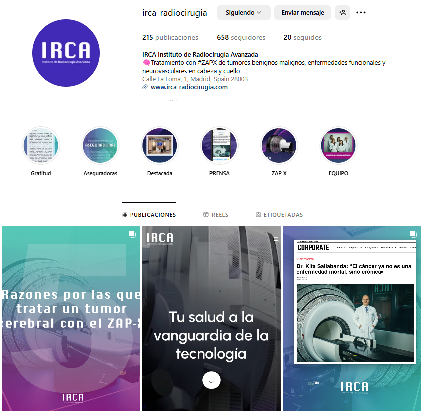 Ejemplos Villarrazo como Agencia de Comunicación Salud_perfil de instagram de IRCA Radiocirugia